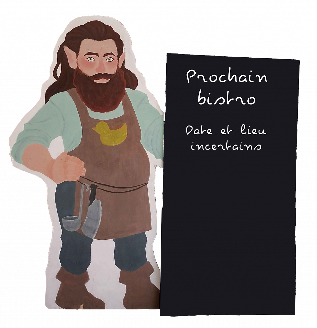 Nain cuisinier portant une pancarte indiquant « Prochain bistro / Date et lieu incertains »