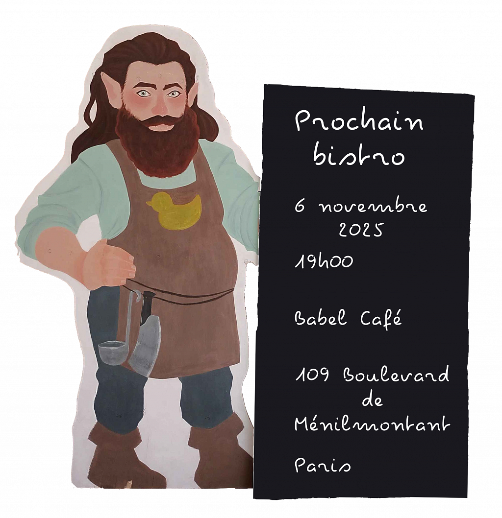 Nain cuisinier portant une pancarte indiquant « Prochain bistro / 6 novembre 2025 / 19h00 / Babel Café / 109 Boulevard de Ménilmontant / Paris »