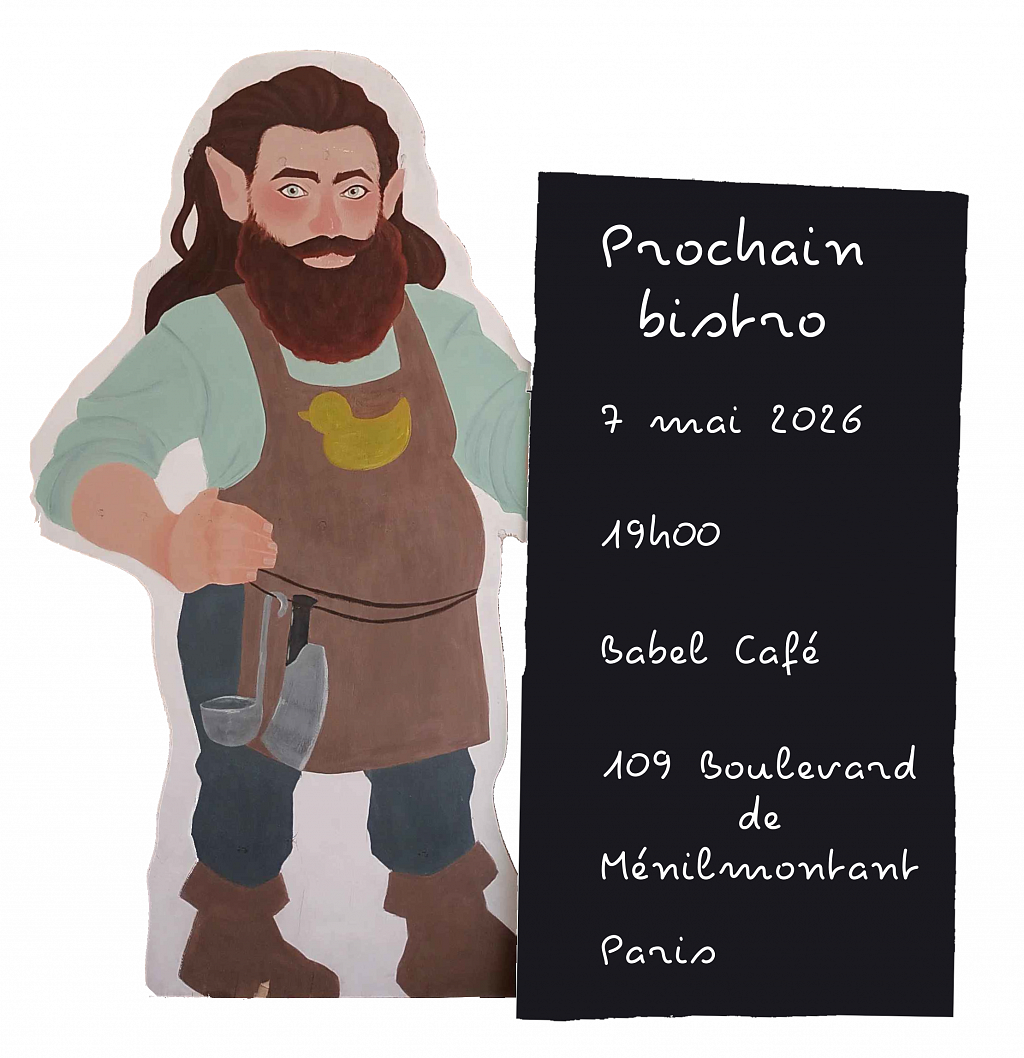 Nain cuisinier portant une pancarte indiquant « Prochain bistro / 7 mai 2026 / 19h00 / Babel Café / 109 Boulevard de Ménilmontant / Paris »