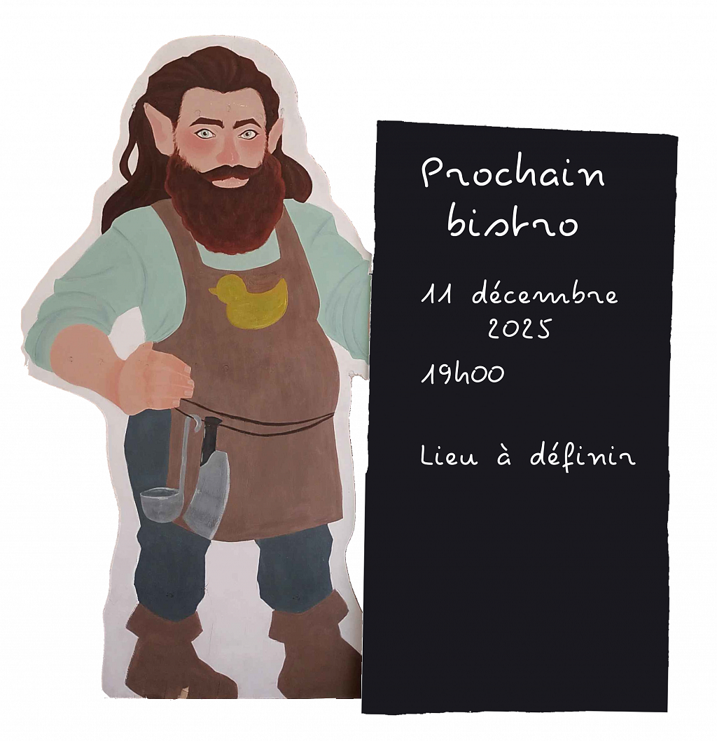 Nain cuisinier portant une pancarte indiquant « Prochain bistro / 11 décembre 2025 / 19h00 / Lieu à définir »