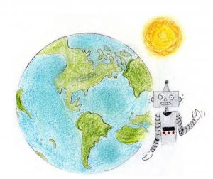 illustration avec un robot, une Terre, un soleil