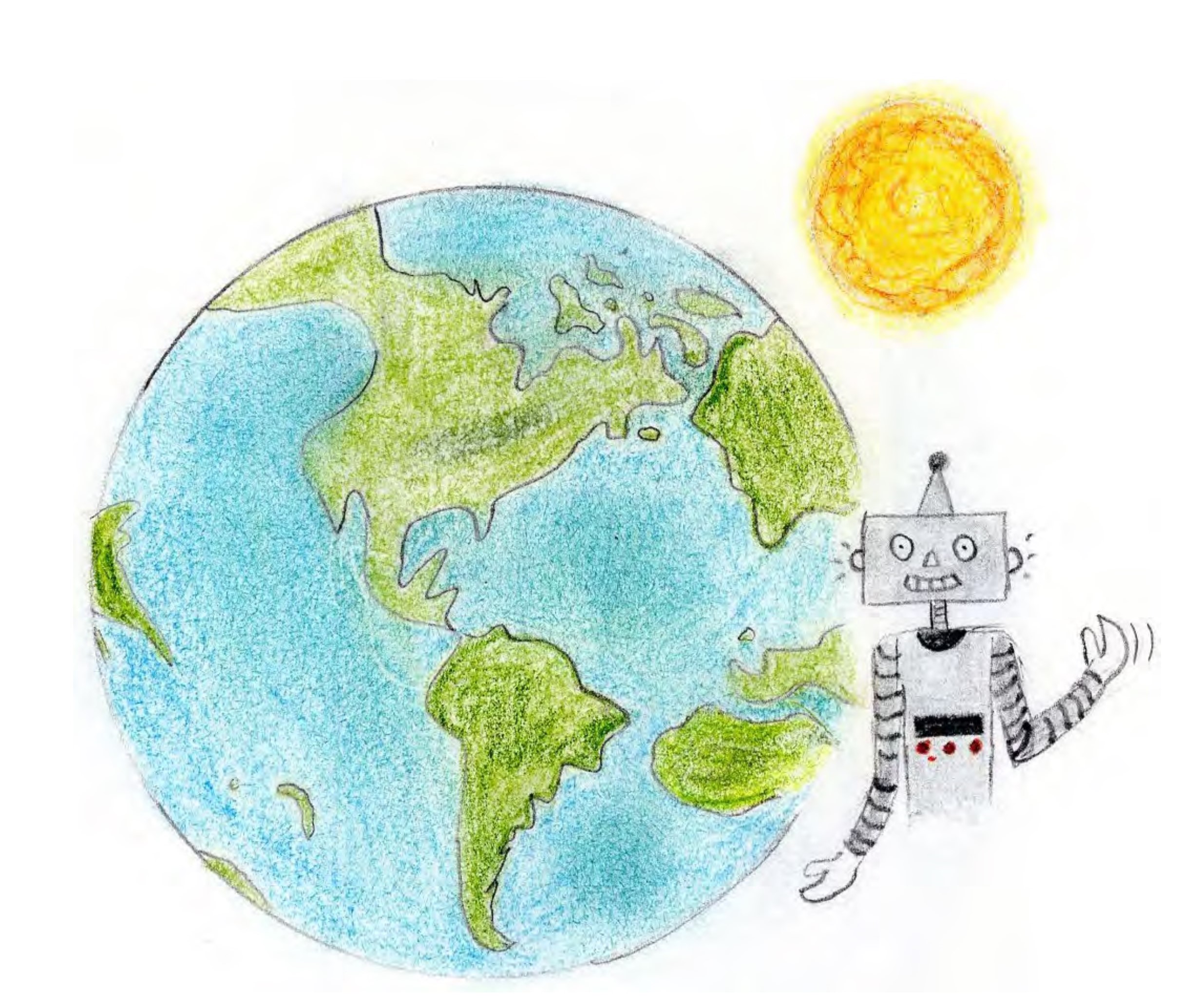 illustration avec un robot, une Terre, un soleil